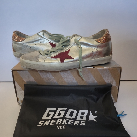 Golden Goose Authentic Silver Sneakers with Red And Glitter Accents MENS EU 40